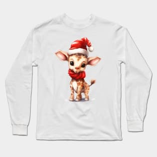 Giraffe in Santa Hat Long Sleeve T-Shirt